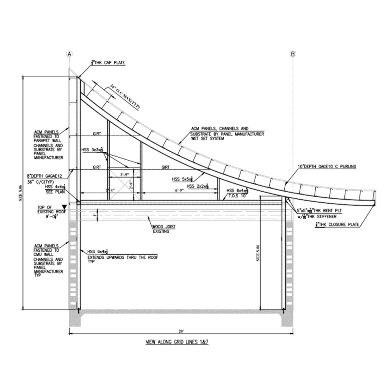 Canopy section — the curve, in steel and purlins