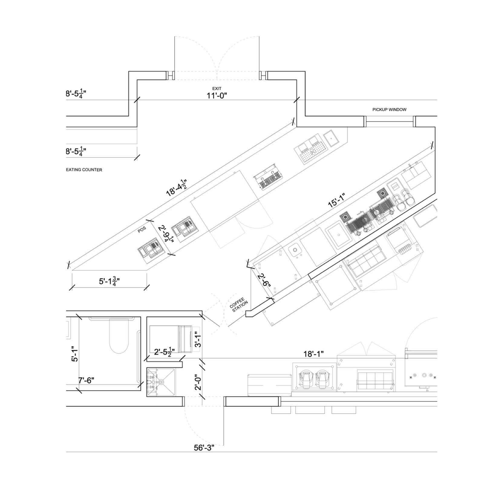 Kitchen plan — the line, the POS, the pickup window