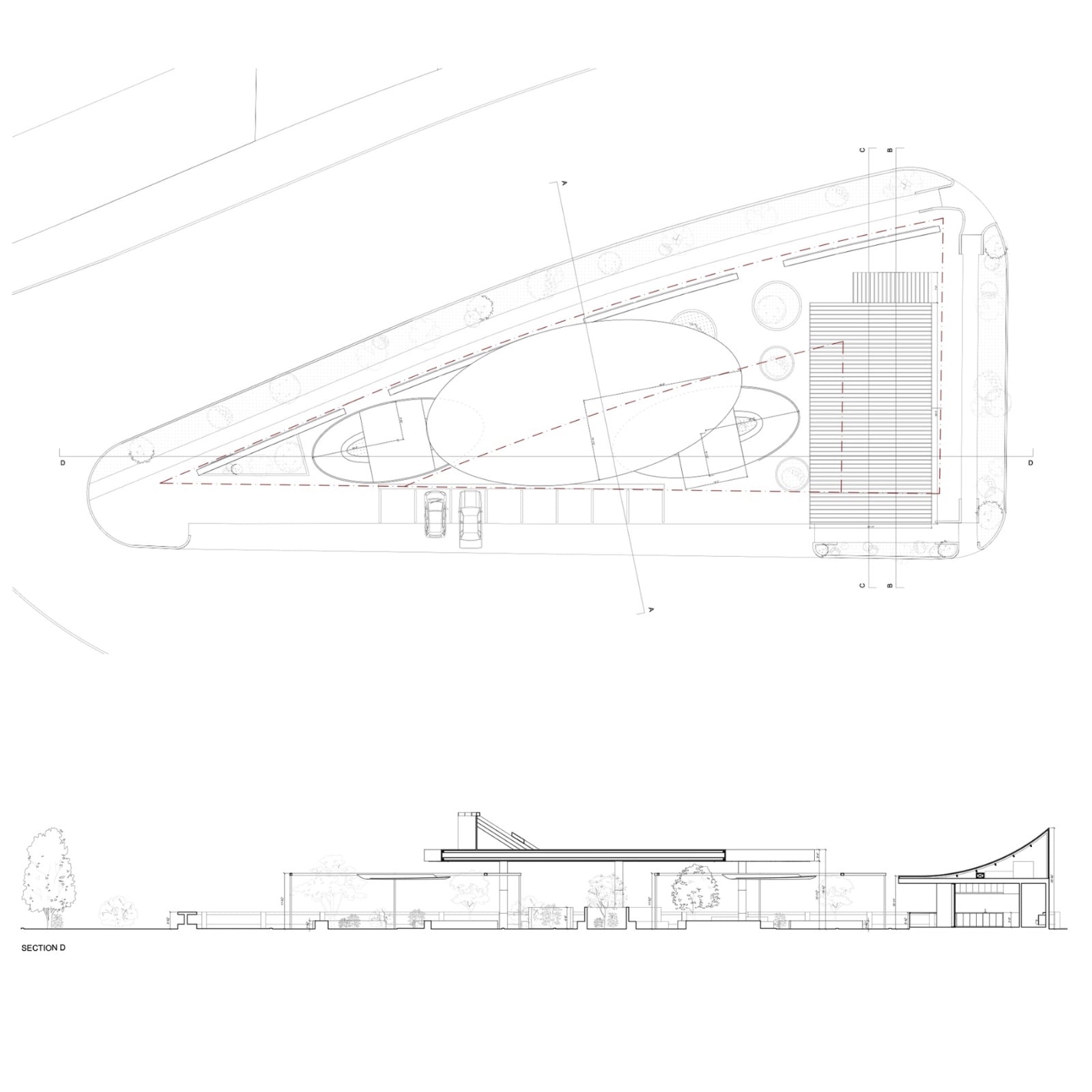 Site plan and section — the oval, the drive, the trees