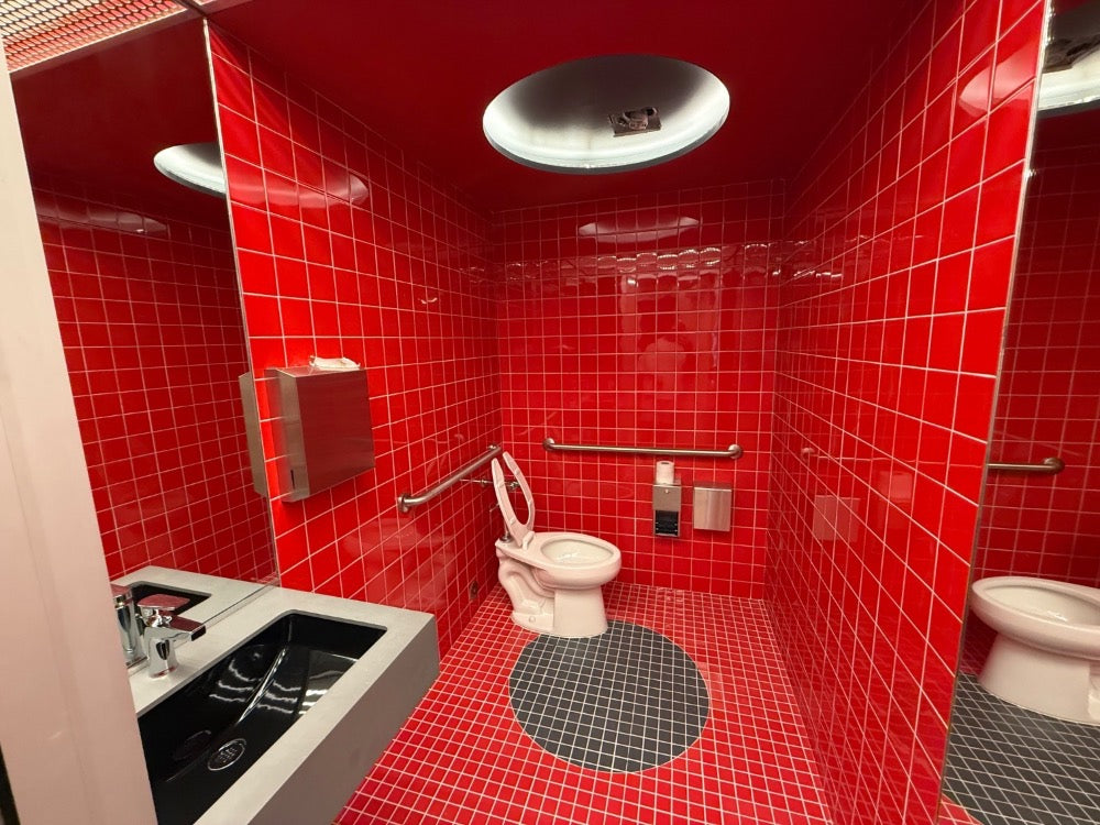 Finished restroom with an oval ceiling light and trough sink