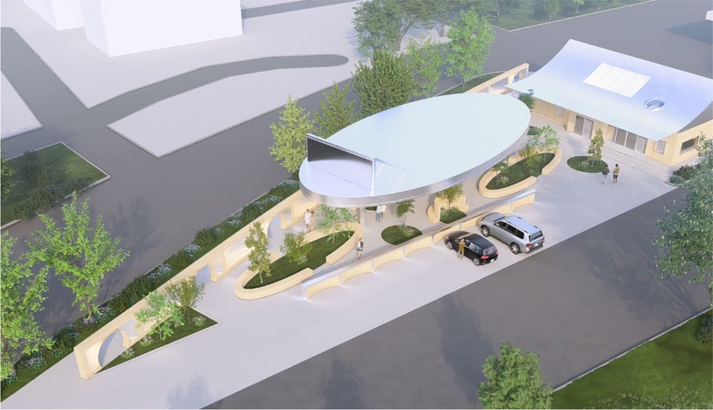 Aerial concept rendering showing the oval canopy, planting beds and parking