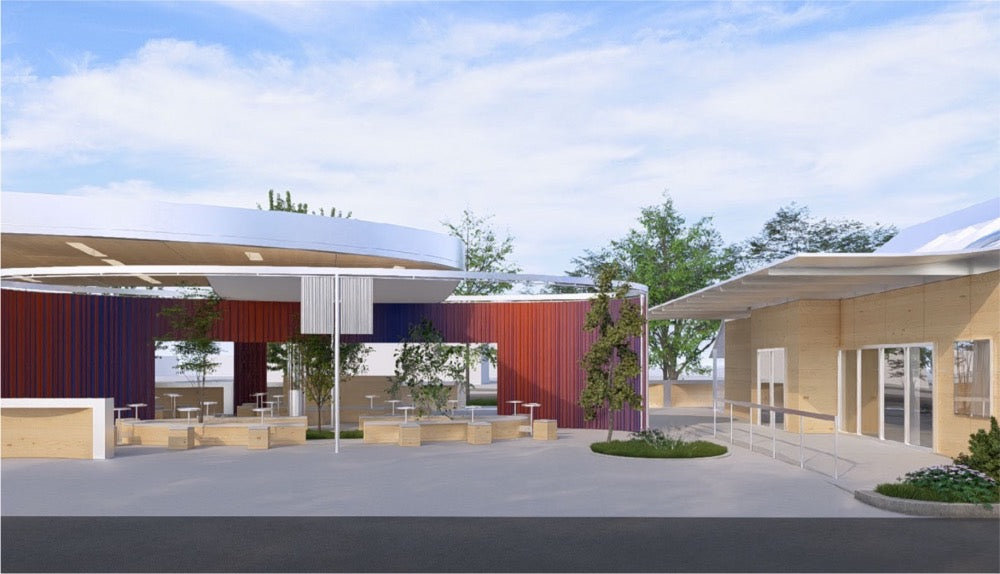 Concept rendering with a red and blue striped courtyard wall