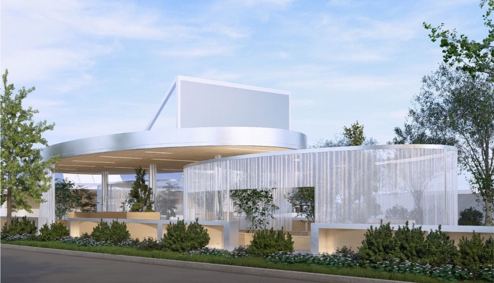 Concept rendering of the pavilion wrapped in translucent curtains under the oval roof